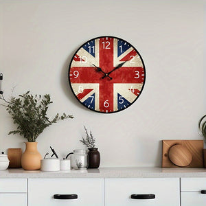 Silent British Flag Clock Round Silent British Flag Wooden Wall Clock BatteryPowered Home Decor with Union Jack Design Red Blue Accents Perfect for Living Room or Kitchen AA Battery Not Included
