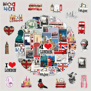 London Travel Graffiti Stickers Reusable PVC Decals for Water Bottles Luggage DIY Projects Vibrant Cartoon Designs with Iconic Landmarks Big Ben Red Buses Union Jack Bottle Stickers Playful Design Glossy Finish Wall Stickers