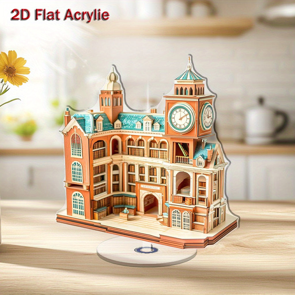2D Flat 2D Flat Rotating Acrylic Desk Decor  Charming British Library Design with Clock Tower  Wooden Base Perfect for Home Office or Creative Workspace StressRelief Indoor Decor  British Library Model  Acrylic Construction