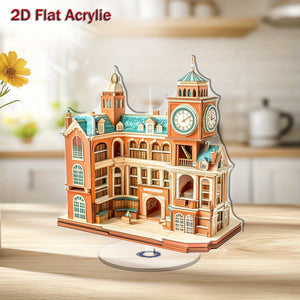 2D Flat 2D Flat Rotating Acrylic Desk Decor  Charming British Library Design with Clock Tower  Wooden Base Perfect for Home Office or Creative Workspace StressRelief Indoor Decor  British Library Model  Acrylic Construction