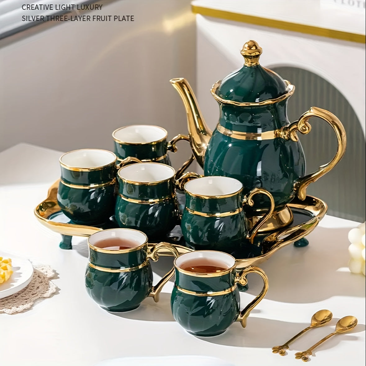 Elegant Emerald Green Ceramic Tea Set  Includes Pot Cups  Spoons for Brewing Coffee or Tea  Perfect for Home Entertaining  Gifts