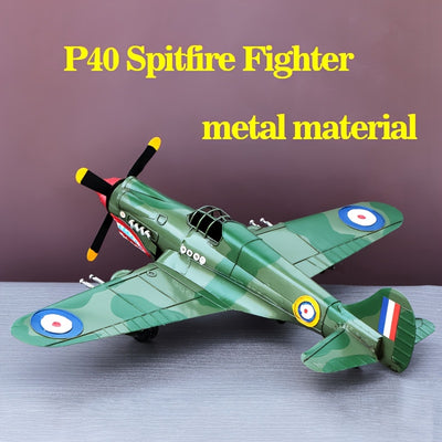 Limited Edition Handmade Metal P40 Spitfire Fighter Jet Model  Retro Camouflage Green with Red  Blue Roundels NonFunctional Ornamental Replica for Military Enthusiasts Home Decor Collectible Craft Fighter Jet Toy